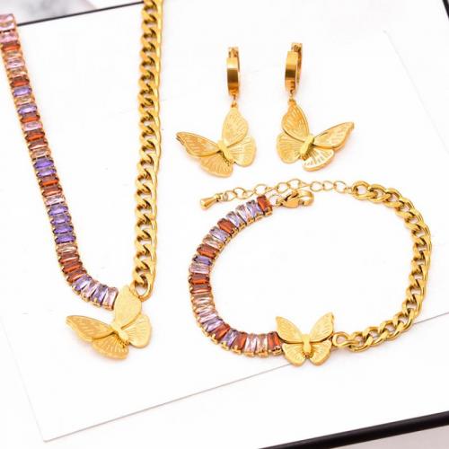 Titanium Steel Jewelry Set, Butterfly, Vacuum Ion Plating & for woman & with rhinestone, golden 