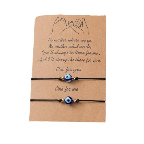 Evil Eye Jewelry Bracelet, Wax Cord, with Lampwork, handmade, 2 pieces & fashion jewelry & adjustable & enamel, black Approx 16-30 cm 