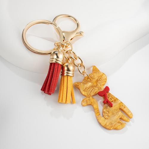 Acrylic Key Chain, Zinc Alloy, with PU Leather & Acrylic, Cat, multifunctional & Unisex, gold 