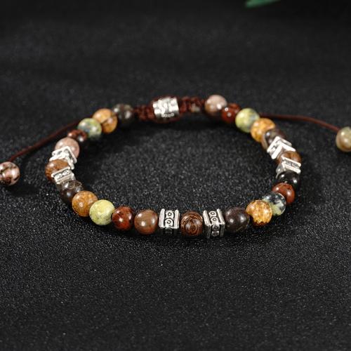 Gemstone Bracelets, Zinc Alloy, with Cotton Thread & Natural Stone, with 10CM extender chain, silver color plated, Adjustable & Unisex, mixed colors Approx 15.5 cm 