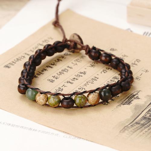 Gemstone Bracelets, Natural Stone, with Coco & Wax Cord & Wood, Adjustable & Unisex, mixed colors Approx 15.5 cm 