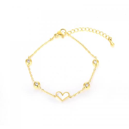Stainless Steel Charm Bracelet, 304 Stainless Steel, with White Shell, fashion jewelry & for woman & with rhinestone, golden Approx 200 mm 