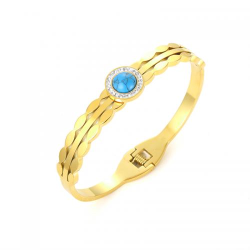 Stainless Steel Bangle, 304 Stainless Steel, with turquoise, fashion jewelry & for woman & with rhinestone, golden, 60mm 