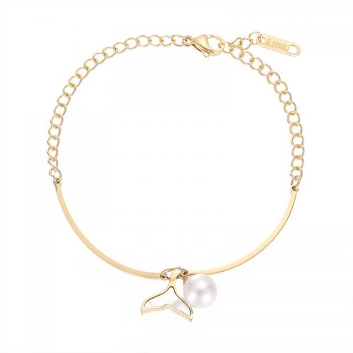 Titanium Steel Bracelet, with White Shell & Plastic Pearl, gold color plated, fashion jewelry & for woman Approx 6 Inch 