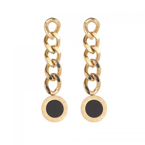 Titanium Steel Drop Earring, Round, 14K gold plated, with roman number & for woman, 40mm 