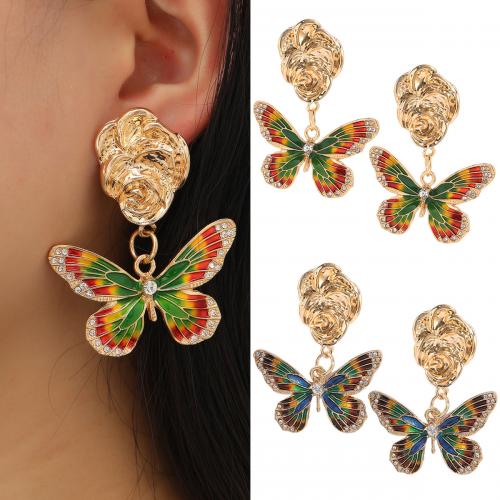 Enamel Zinc Alloy Drop Earring, Butterfly, gold color plated, fashion jewelry & for woman & with rhinestone 45mm 