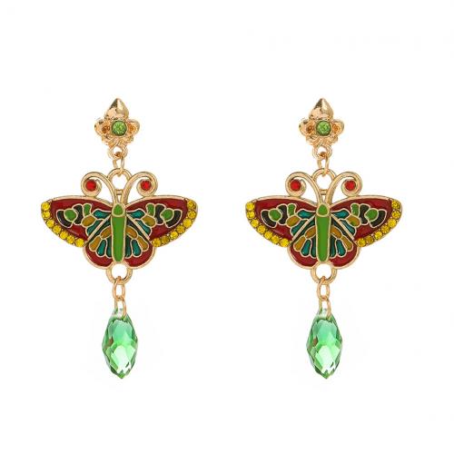 Crystal Drop Earring, Zinc Alloy, with Crystal, Butterfly, gold color plated, fashion jewelry & for woman & enamel & with rhinestone, mixed colors 