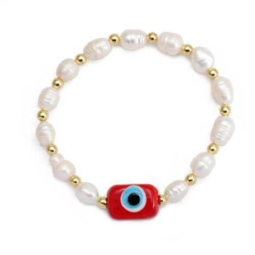 Evil Eye Jewelry Bracelet, Freshwater Pearl, with Lampwork & Brass, gold color plated, fashion jewelry & evil eye pattern & for woman 