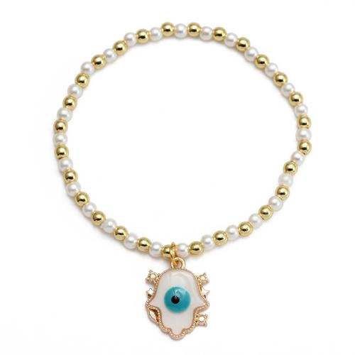 Evil Eye Jewelry Bracelet, Brass, with Plastic Pearl & Zinc Alloy, gold color plated & fashion jewelry & evil eye pattern & micro pave cubic zirconia & enamel 