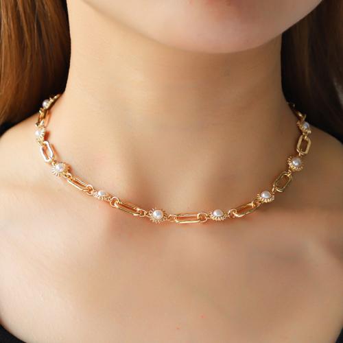 Plastic Pearl Necklace, Zinc Alloy, with Cubic Zirconia & Plastic Pearl, with 5CM extender chain, gold color plated & for woman 