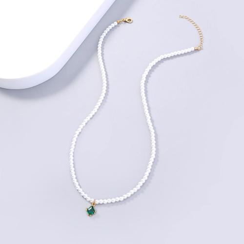 Messing Zirkonia Halskette, mit Kunststoff Perlen, plattiert, Modeschmuck & Micro pave Zirkonia & für Frau, Pendant:9x8mm, Länge:ca. 43 cm, verkauft von PC