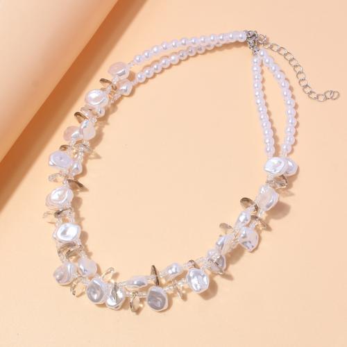 Plastik-Perlenkette, Zinklegierung, mit Kunststoff Perlen, mit Verlängerungskettchen von 7cm, Doppelschicht & Modeschmuck & für Frau, weiß, Länge:ca. 42 cm, verkauft von PC