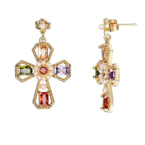 Brass Drop Earring, with Plastic Pearl, Cross, gold color plated, micro pave cubic zirconia & for woman 