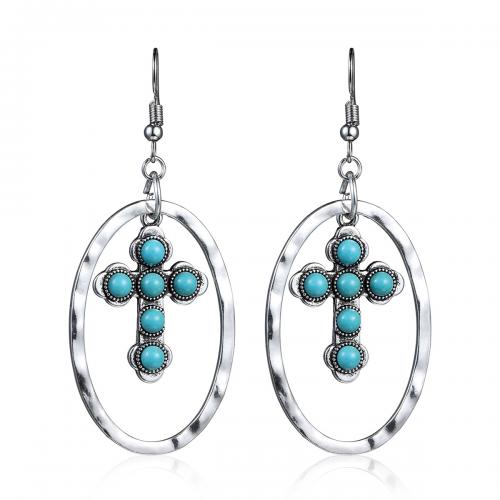 Zinc Alloy Drop Earring, with turquoise, Cross, antique silver color plated, for woman & hollow 