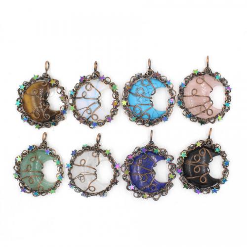 Gemstone Zinc Alloy Pendants, Natural Stone, with Zinc Alloy, Moon, antique copper color plated, fashion jewelry & DIY & hollow 