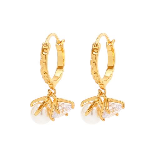 Cubic Zircon Brass Earring, with Plastic Pearl, plated, fashion jewelry & micro pave cubic zirconia & for woman 