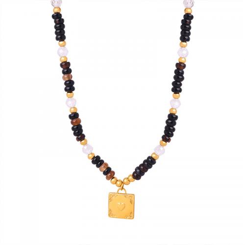 Gemstone Necklaces, Titanium Steel, with Tiger Eye & Black Agate, with 1.97inch extender chain, 18K gold plated, fashion jewelry & for woman Approx 15.74 Inch 