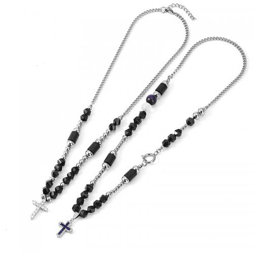 Black Agate Necklace, Titanium Steel, with Black Agate, Cross, Unisex & with rhinestone cm [