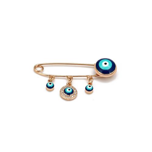 Enamel Brooch, Brass, gold color plated, Unisex & evil eye pattern & micro pave cubic zirconia 