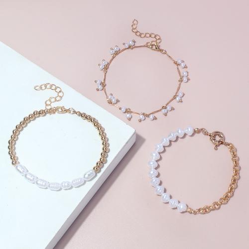 Moda pulseras de la aleación de Zinc, con Perlas plásticas, chapado, tres piezas & Joyería & para mujer, dorado, Vendido por Set
