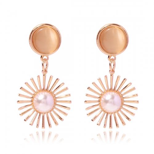 Zinc Alloy Drop Earring, with Plastic Pearl, Flower, fashion jewelry & for woman, gold 