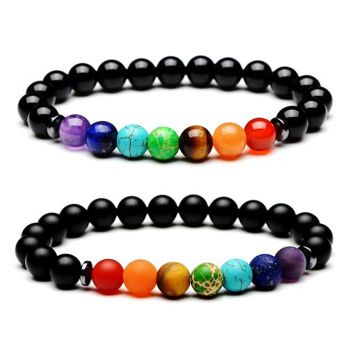 agate noire bracelet, avec pierre gemme, Rond, unisexe & styles différents pour le choix, beads length 8mm Environ 7 pouce, Vendu par PC