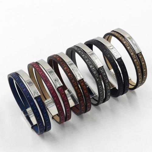 PU Leather Cord Bracelets, with Magnet & 304 Stainless Steel & Zinc Alloy, Rectangle, silver color plated, Double Layer & fashion jewelry & Unisex Approx 21 cm 