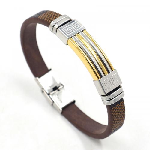 bracelet de cordon en PU , cuir PU, avec Acier titane, Placage ionique sous vide, bijoux de mode & unisexe, couleurs mélangées, 10mm Environ 22 cm, Vendu par PC