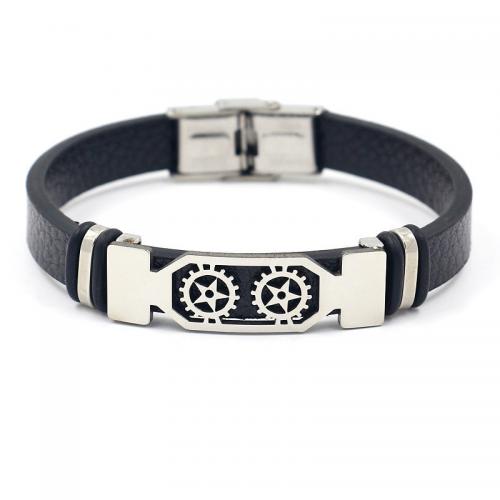 bracelet de cordon en PU , cuir PU, avec Acier titane, bijoux de mode & unisexe, noire, 10mm Environ 21 cm, Vendu par PC