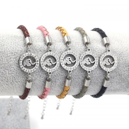 Cowhide Bracelets, with Titanium Steel, with 6.5 extender chain, Flat Round, fashion jewelry & Unisex & with rhinestone & hollow 4mm Approx 16.5 cm 