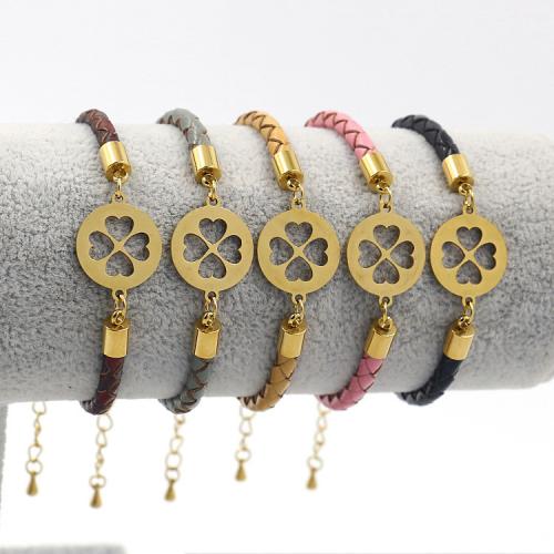 Cowhide Bracelets, with Titanium Steel, with 7cm extender chain, Flat Round, Vacuum Ion Plating, fashion jewelry & Unisex & hollow 4mm Approx 18 cm [