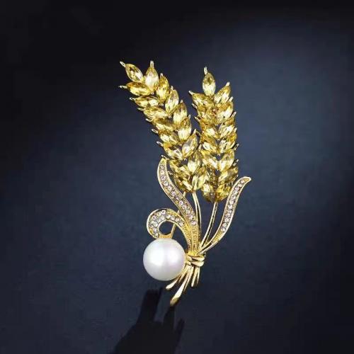 Rhinestone Zinc Alloy Brooch, with Plastic Pearl, Wheat, plated, for woman & with rhinestone 