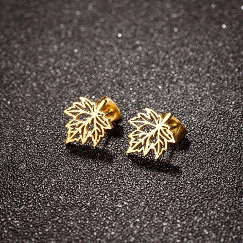 Stainless Steel Stud Earring, 304 Stainless Steel, Maple Leaf, plated, for woman 