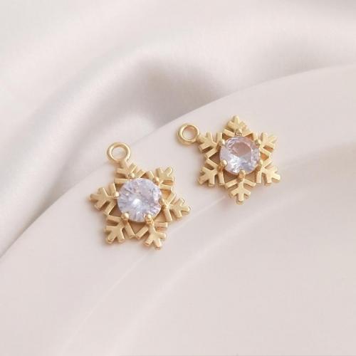 Cubic Zirconia Brass Pendants, with Cubic Zirconia, Snowflake, gold color plated, DIY, 14mm 