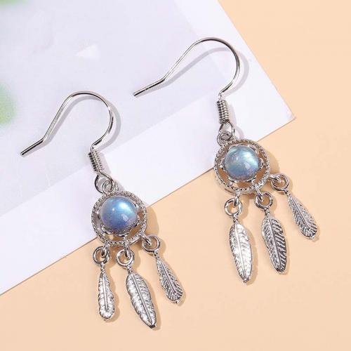 Gemstone Drop Earring, Moonstone, with Brass, Dream Catcher, silver color plated, fashion jewelry & for woman, grey, 40mm 