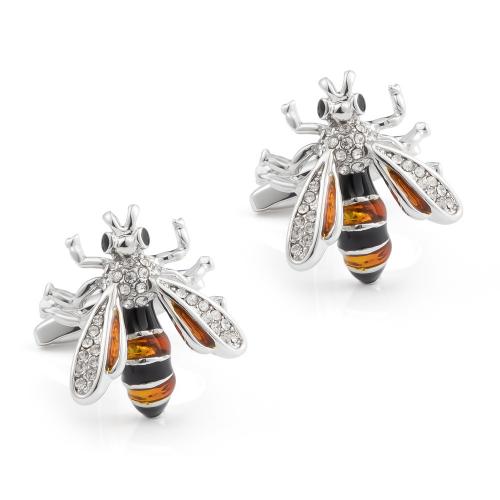 Brass Cufflinks, Bee, silver color plated, for man & with rhinestone 