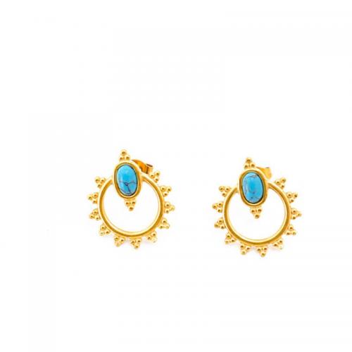 Titanium Steel Earrings, with turquoise, Vacuum Ion Plating, fashion jewelry & for woman, golden, 18mm 