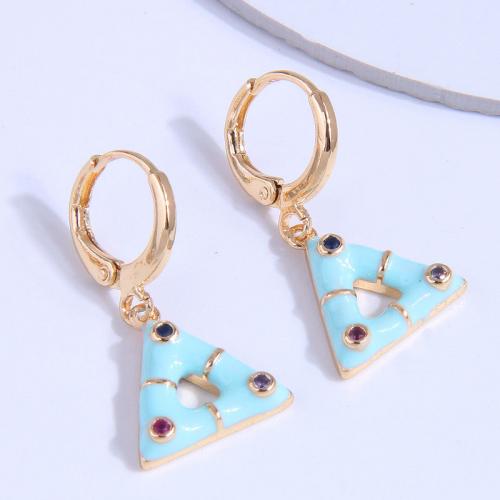Rhinestone Brass Drop Earring, Triangle, gold color plated, for woman & enamel & with rhinestone 