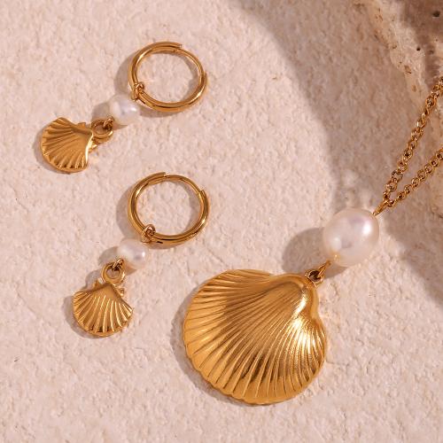 Fashion Stainless Steel Jewelry Sets, 316L Stainless Steel, with Freshwater Pearl, Shell, 18K gold plated, fashion jewelry & for woman 