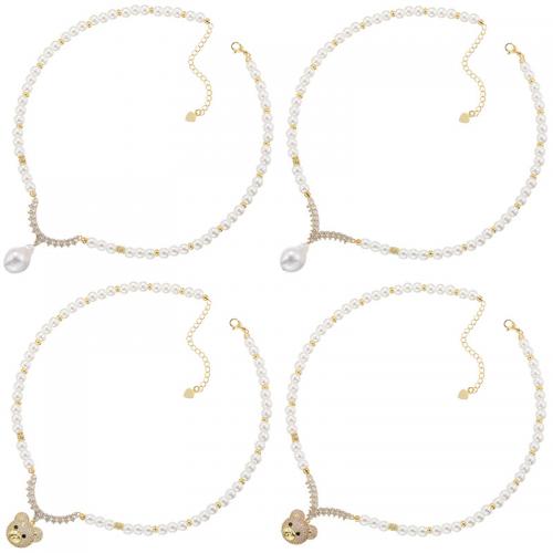 Glass Pearl Necklace, Brass, with Glass Pearl, fashion jewelry & micro pave cubic zirconia & for woman Approx 490 mm 