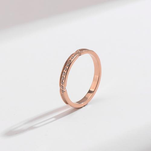 Titanium Steel Finger Ring, Vacuum Ion Plating, fashion jewelry & micro pave rhinestone & for woman, rose gold color, nickel, lead & cadmium free 