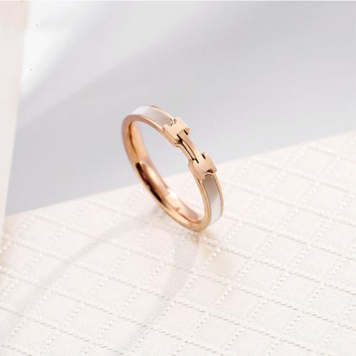 Titanium Steel Finger Ring, with White Shell, Vacuum Ion Plating, fashion jewelry & for woman, rose gold color, nickel, lead & cadmium free 