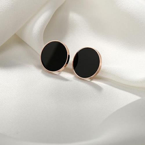 Titanium Steel Earrings, with Black Shell, Flat Round, Vacuum Ion Plating, fashion jewelry & for woman, black, nickel, lead & cadmium free, 12mm 