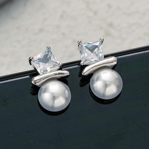 Cubic Zircon Brass Earring, with Plastic Pearl, silver color plated, fashion jewelry & micro pave cubic zirconia & for woman 