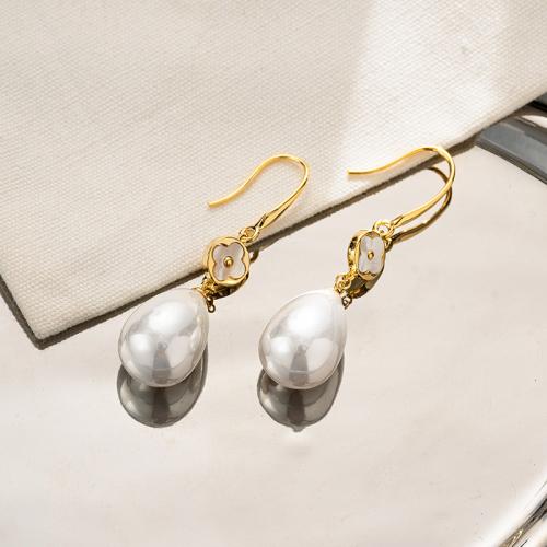 Brass Drop Earring, with Plastic Pearl, Teardrop, gold color plated, fashion jewelry & for woman, golden 