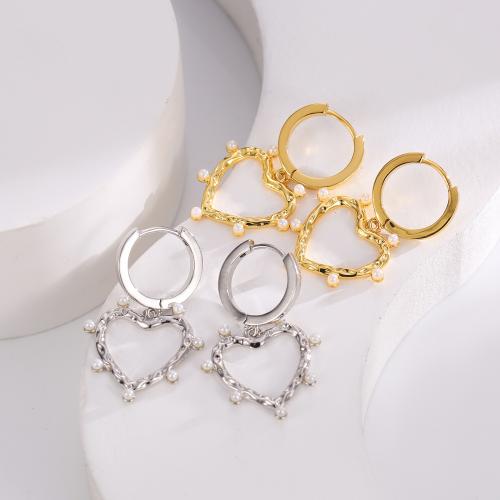 Huggie Hoop Drop Earring, Brass, with Plastic Pearl, Heart, plated, fashion jewelry & for woman 