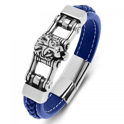PU Leather Cord Bracelets, with 304 Stainless Steel, Lion, punk style & for man 