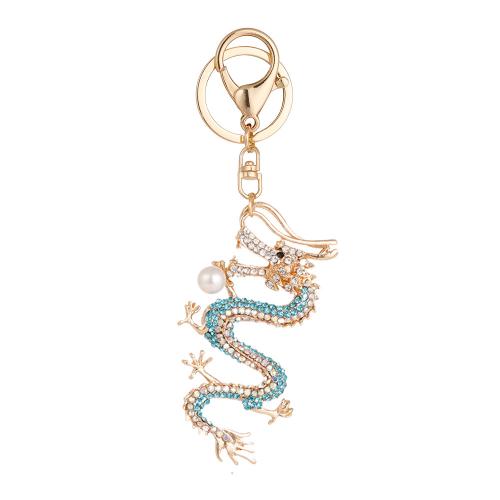 Zinc Alloy Key Clasp, with Plastic Pearl, Dragon, gold color plated, Unisex & with rhinestone 