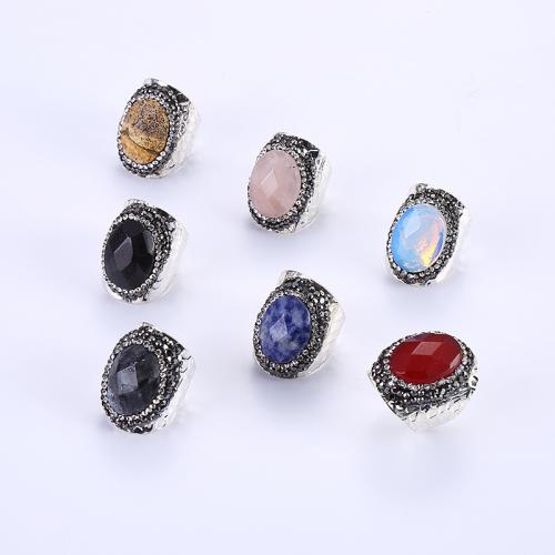 Латунный перстень драгоценных камней , Природный камень, с клей & Латунь, Овальная форма, плакирован серебром, ювелирные изделия моды & Мужская, Случайный цвет продается PC