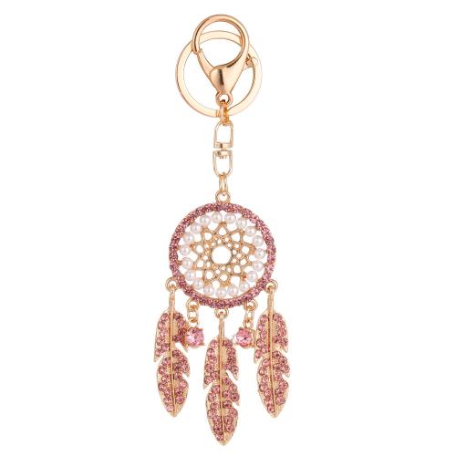 Zinc Alloy Key Clasp, with Plastic Pearl, Dream Catcher, gold color plated, for woman & with rhinestone 